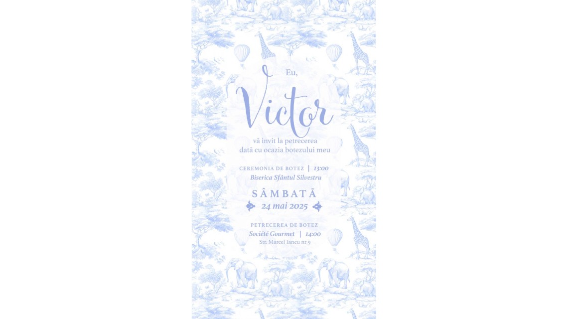 Invitație digitală botez băiat Blue Safari Toile de Jouy Animale sălbatice și flori delicate Invitație electronică personalizată 1